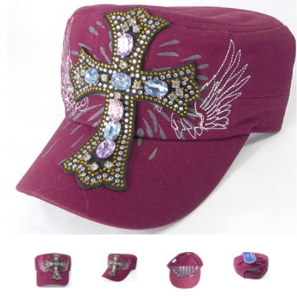 Rhinestone Cadet Hat- Angelic Cross Burgundy